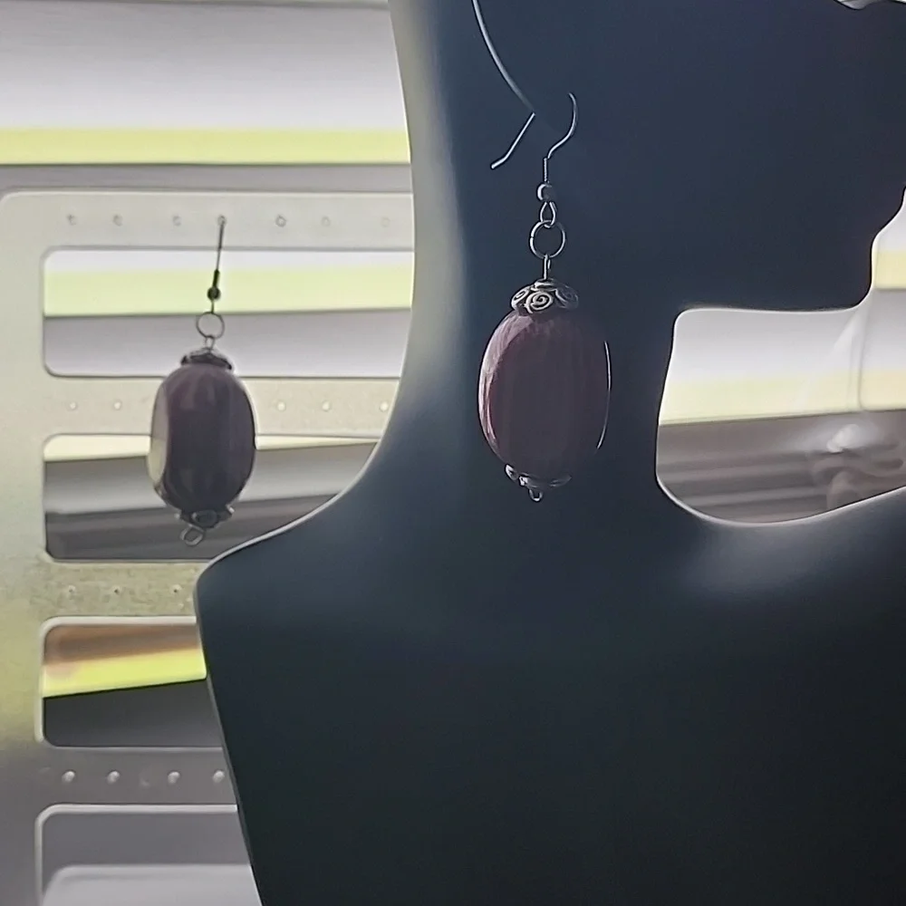 Handmade Purple Beaded Earrings - Picture 5 of 5